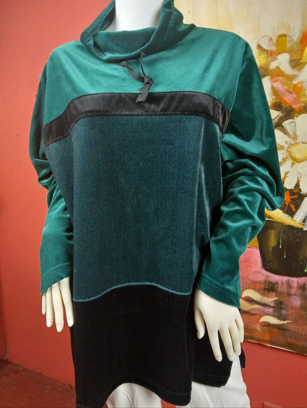 Jaclyn Smith Teal & Black Cowl Neck Velvet-Knit Sweater